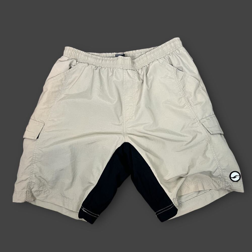 mens Giant khaki neutral baggy padded nylon cycling shorts Size X-Large 32 Waist